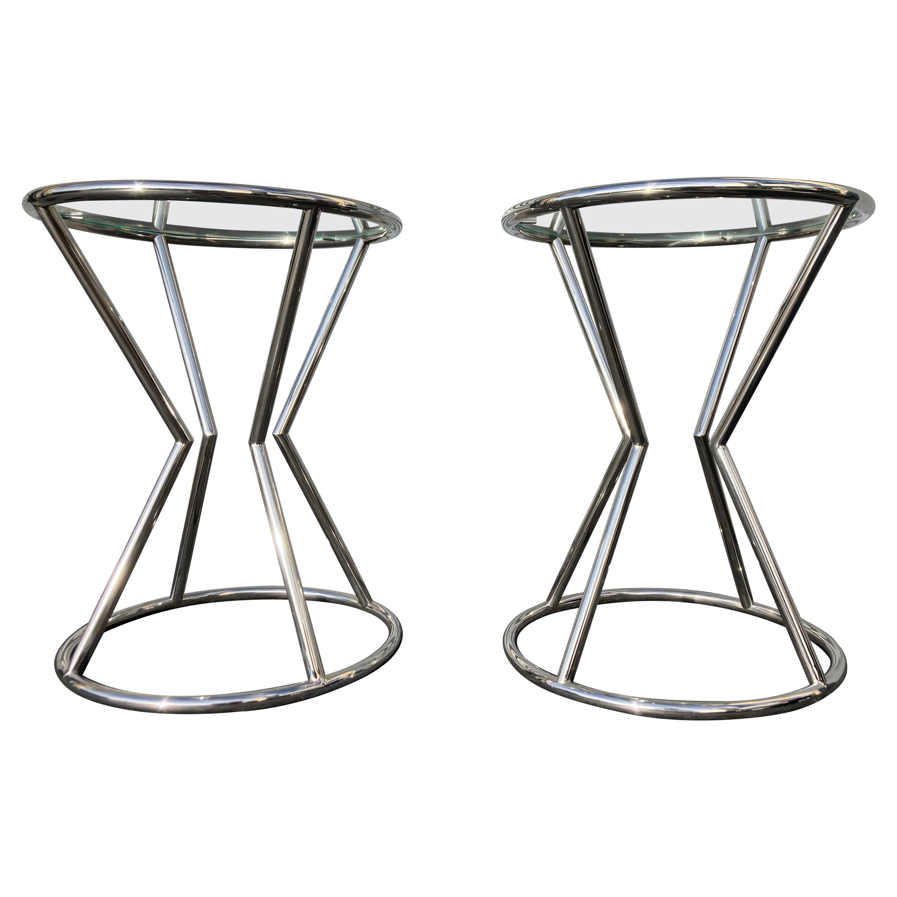 Beautiful Modern Side Tables, Stainless Steel and Glass For Sale