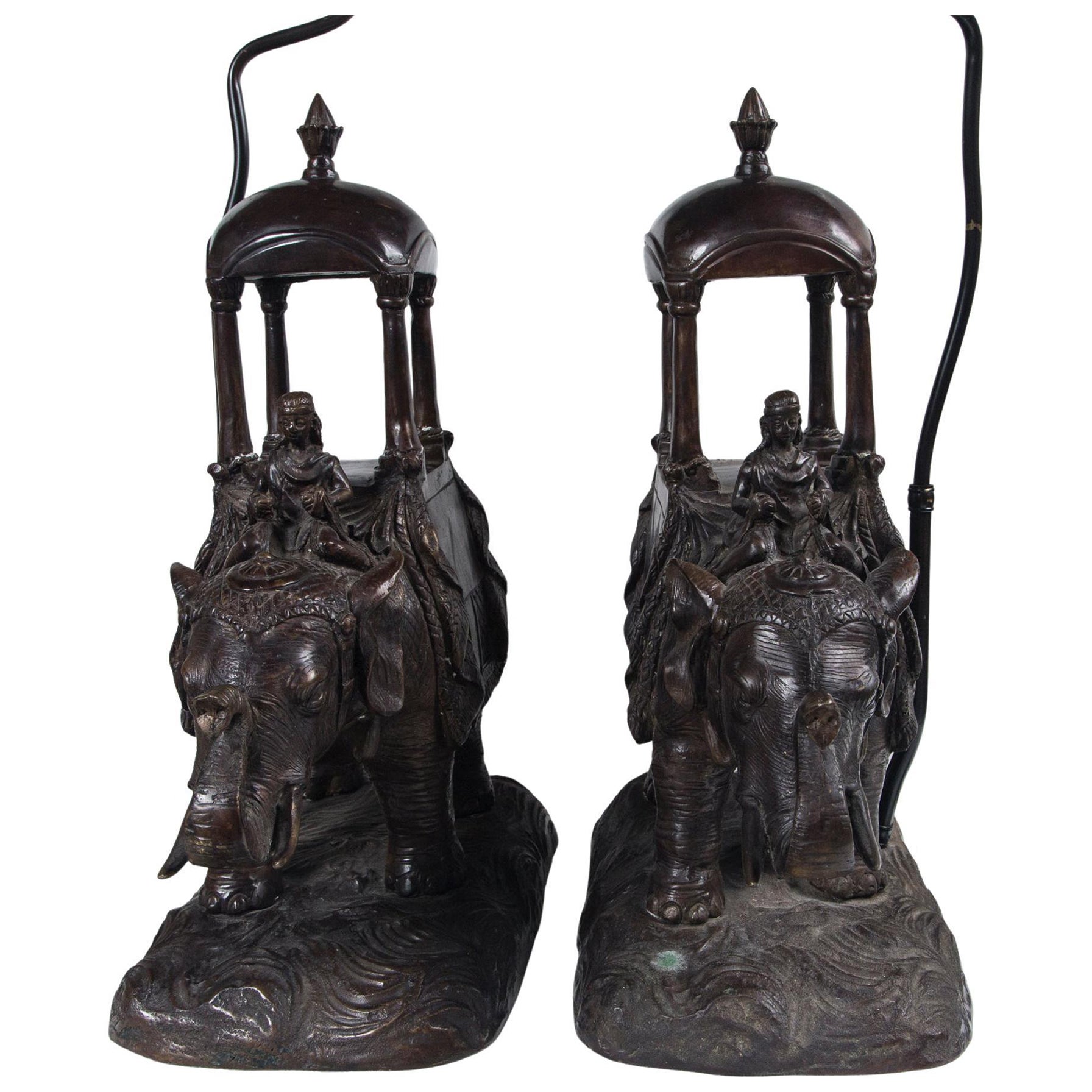 Pair of Bronze Elephant and Rider Table Lamps For Sale