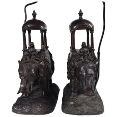 Vintage Pair of Bronze Elephant and Rider Table Lamps