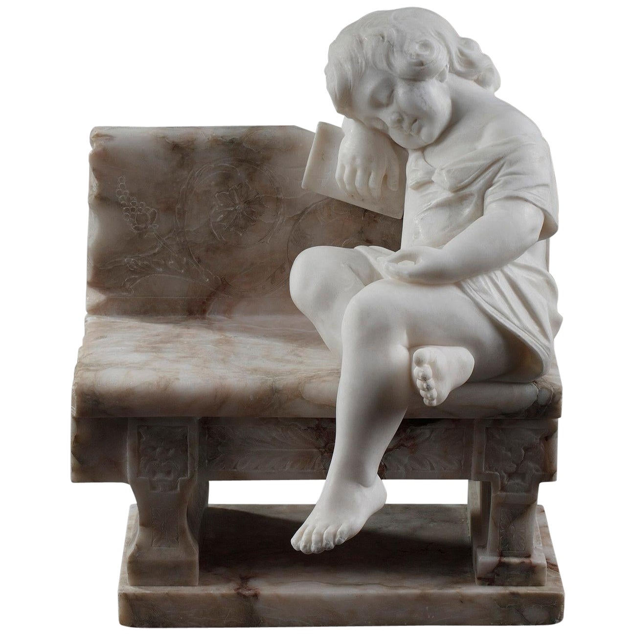 Statue of a "Child Sleeping on a Bench" in Alabaster and Marble
