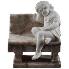 Antique Statue of a "Child Sleeping on a Bench" in Alabaster and Marble