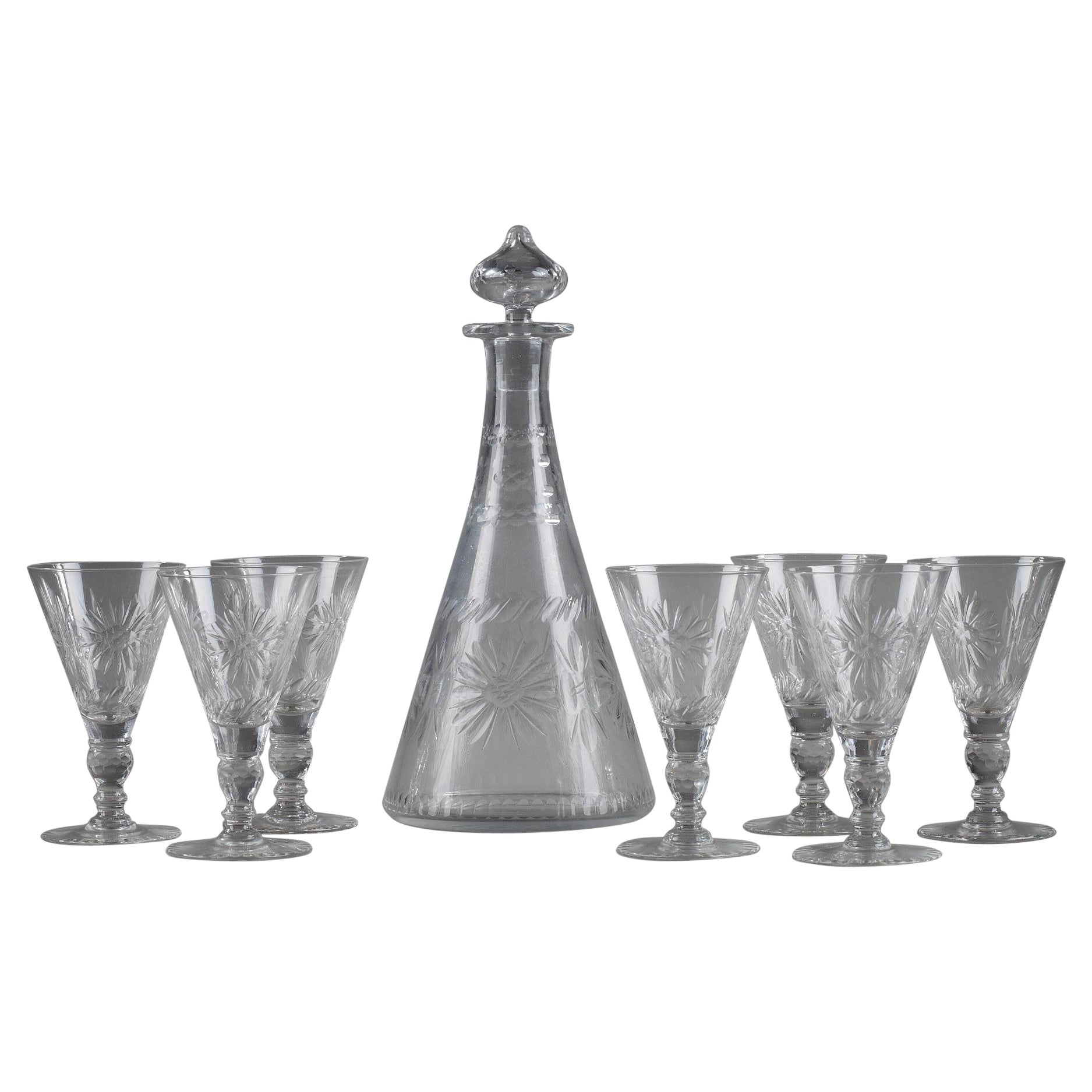 Set of 7 Crystal Glasses and a Pitcher For Sale