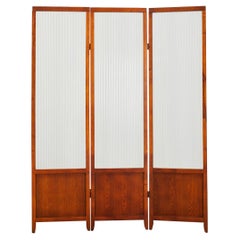 Three Panel Wood and Corregated Glass Room Divider Dressing Screen 