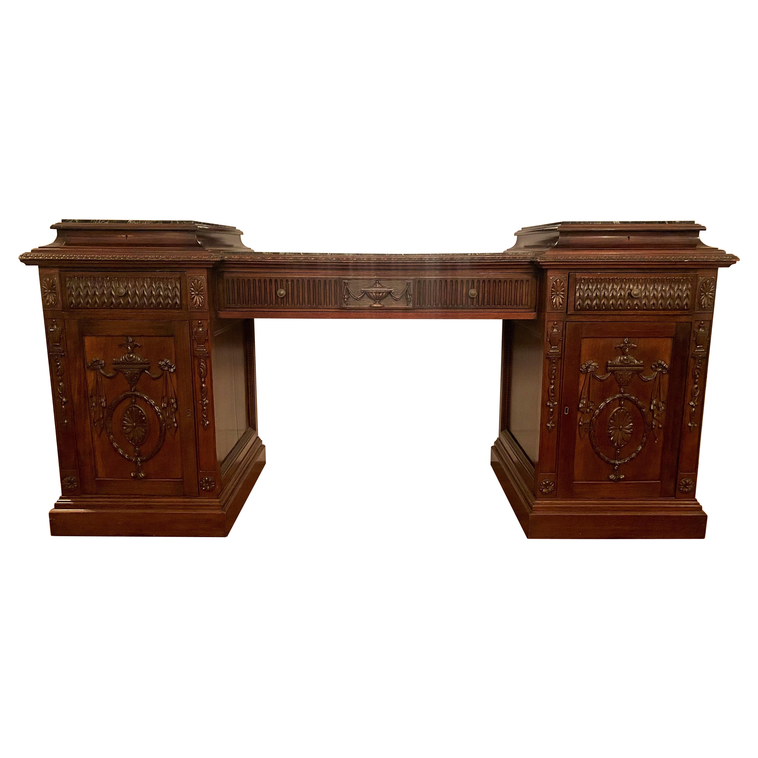 Antique English Adams Style Marble-Top Mahogany Sideboard, Circa 1900