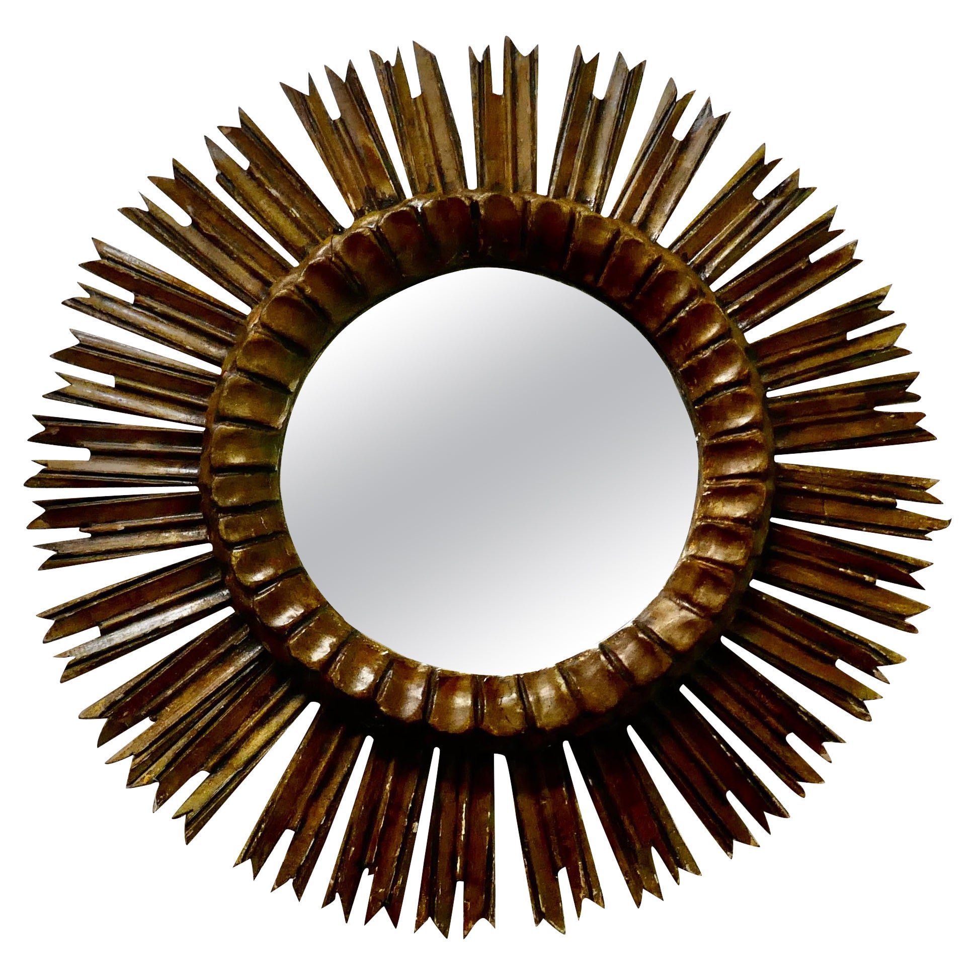 French Carved Wood Art Deco Odeon Style Sunburst Mirror
