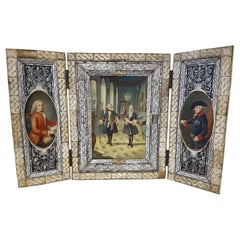 19th Century France Carved Bone Wood Painted Triptych Painting, 1885