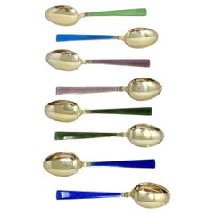 Set of 8 Estate Norwegian Gilt Sterling Silver & Enamel Tea Spoons Circa 1920-30