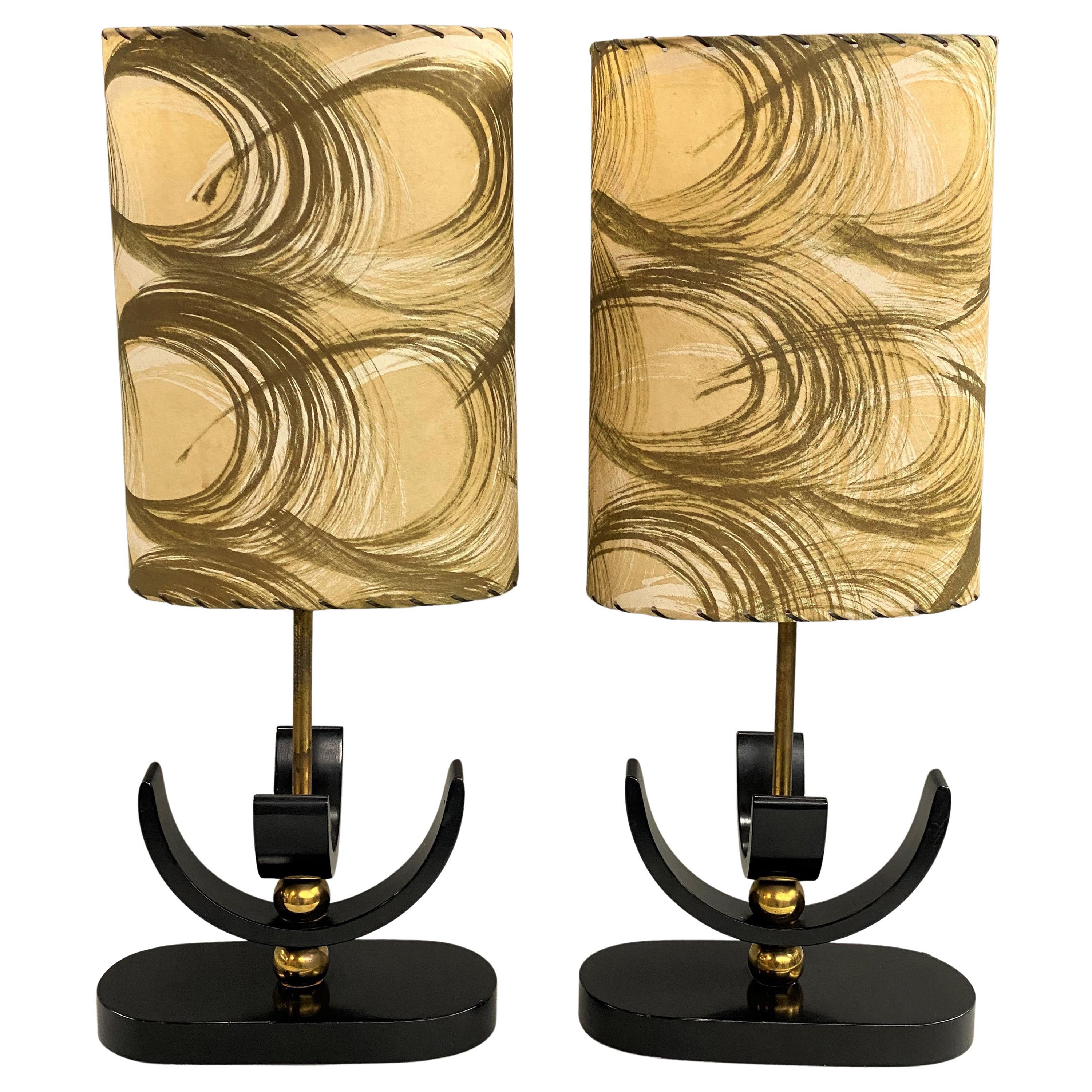 Pair of Mid Century Hollywood Regency Ebonized & Brass Table Lamps