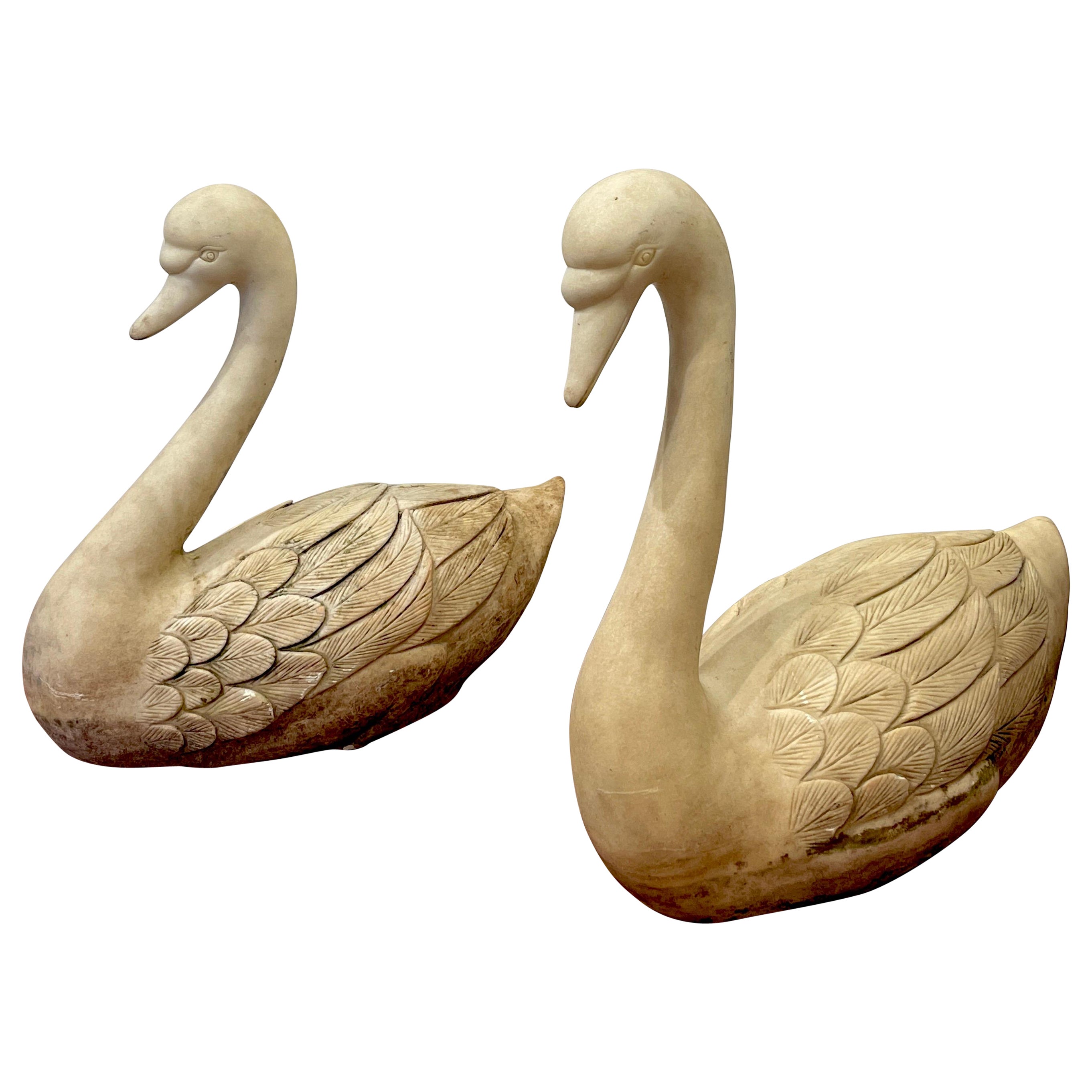 Pair of Life Size Carved Marble Garden Swans, Italy, C 1920
