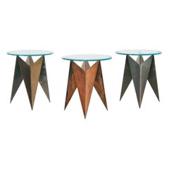 Sculptural Trio of Geometric Metal Tables with Glass Tops, 1980s