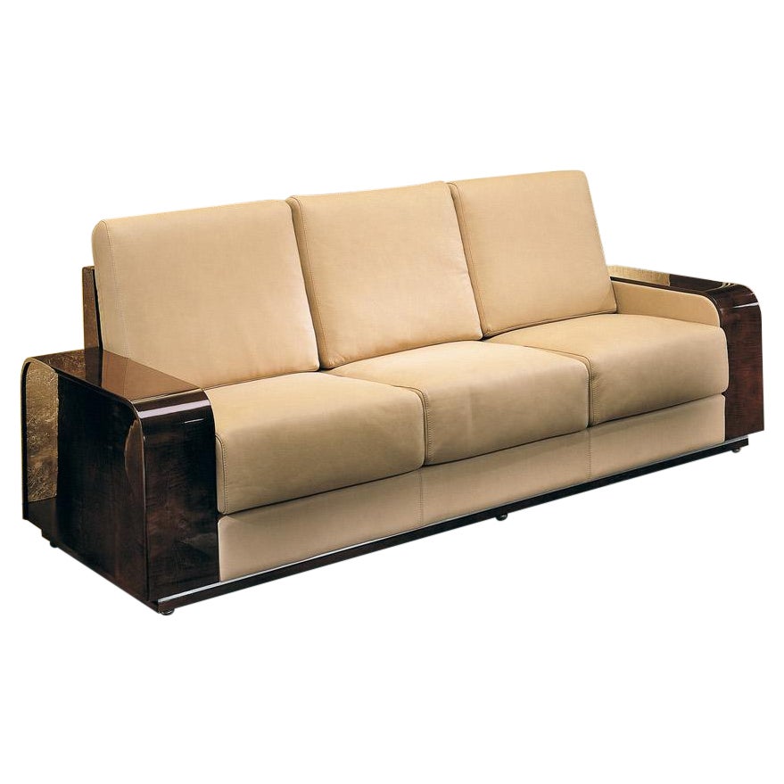 Giorgio Italian Art Deco 3 Seat Suede Sofa Curly Sycamore High Gloss Finish For Sale