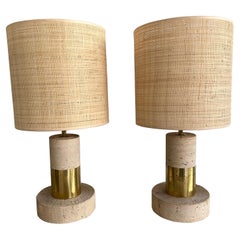 Pair of Travertine and Brass Lamps. Italy, 1970s