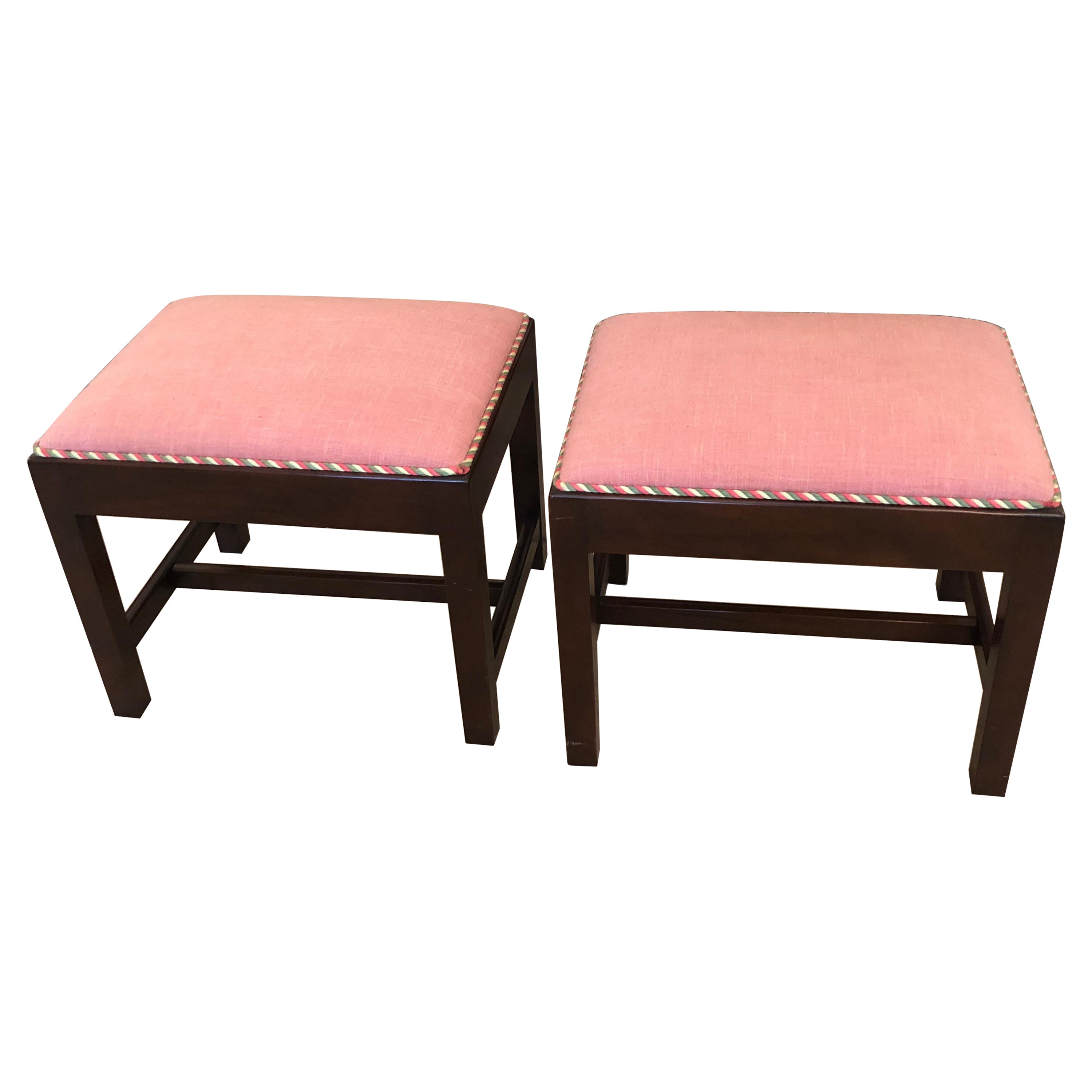 Elegant Pair of Traditional Parsons Style Mahogany & Upholstered Benches For Sale