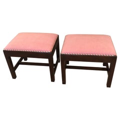 Elegant Pair of Traditional Parsons Style Mahogany & Upholstered Benches