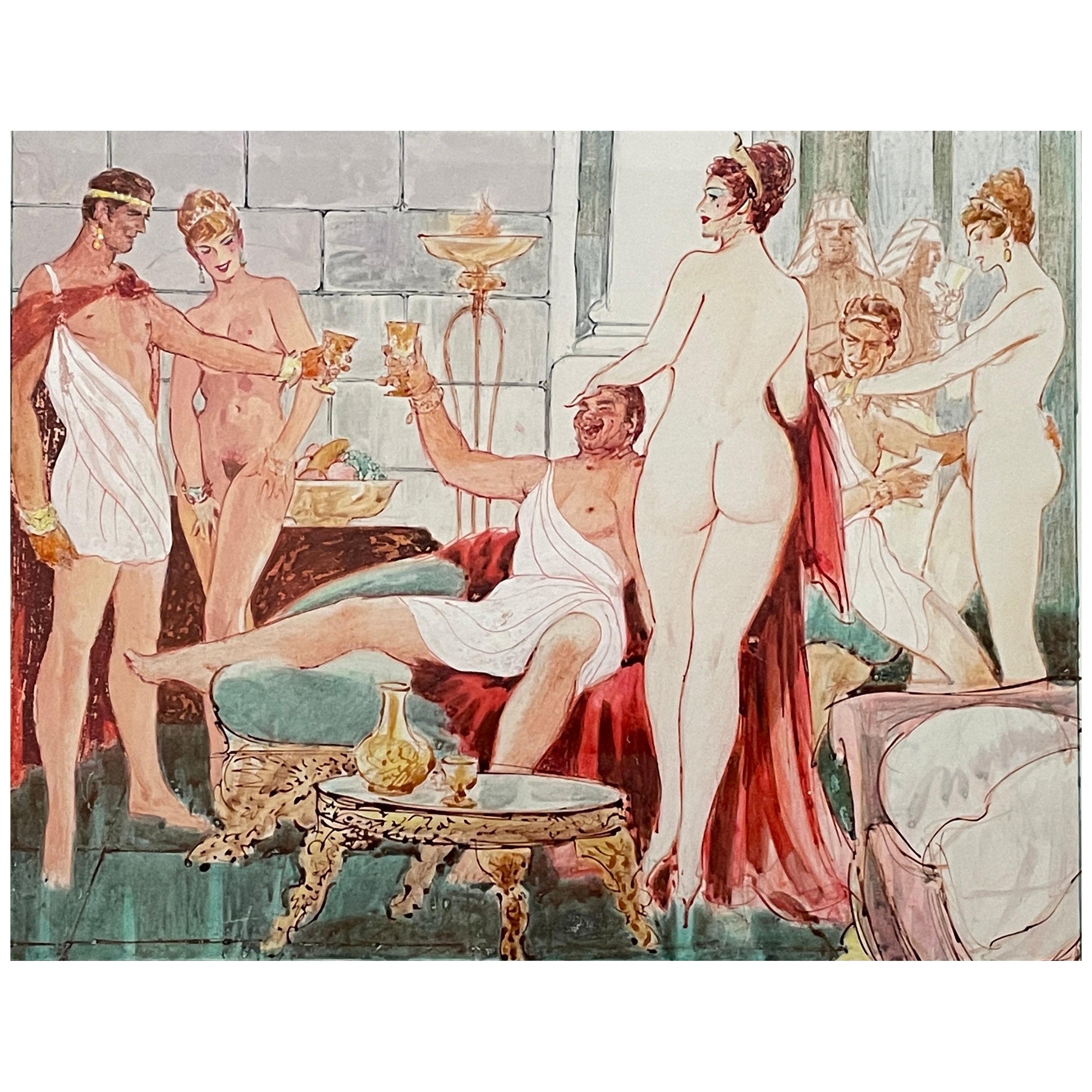 Signed Mid-Century Roman Erotic Watercolor