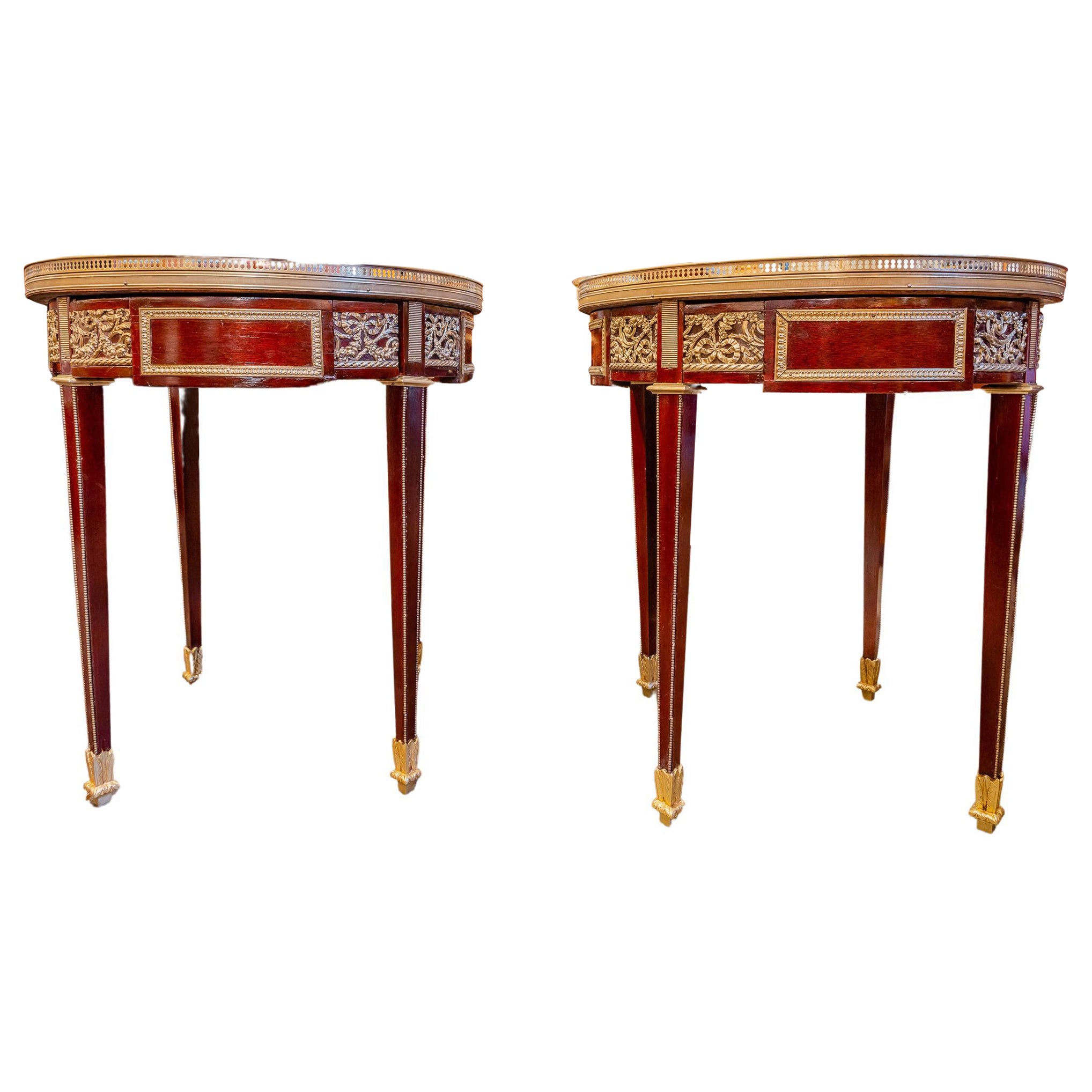 Pair of Late 19th C Louis XVI Mahogany and Gilt Bronze Marble Top Gueridons