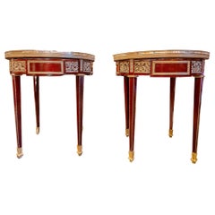 Pair of Late 19th C Louis XVI Mahogany and Gilt Bronze Marble Top Gueridons