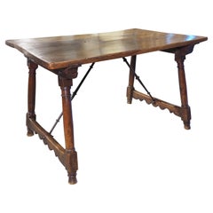 Antique 17th Century Single Walnut Plank Spanish Table with Iron Stretchers