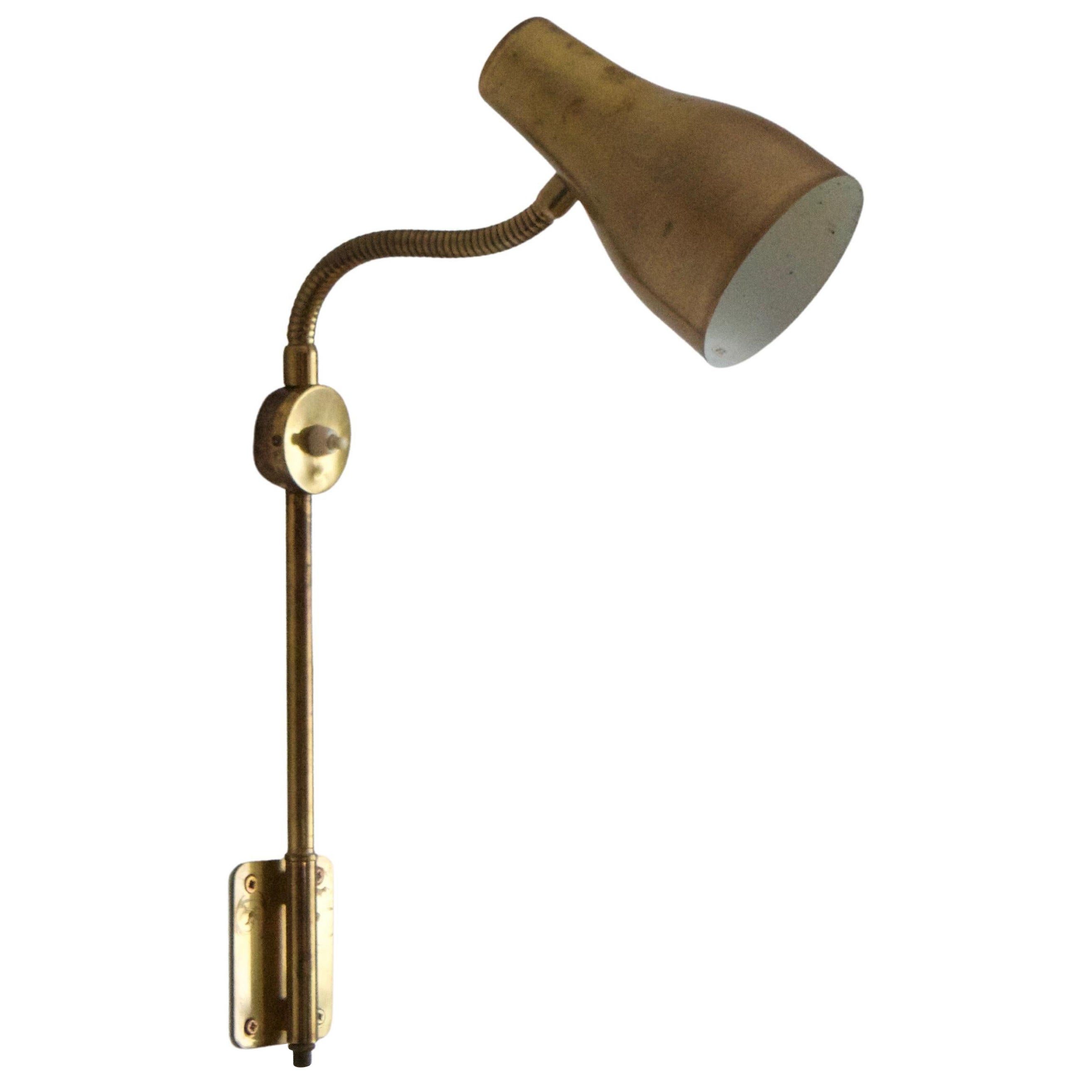 Swedish Designer, Adjustable Wall Light, Brass, Sweden, 1950s For Sale