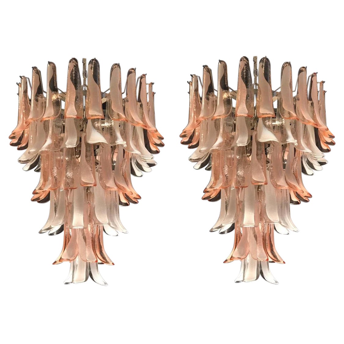 Pair of Murano Glass Pink and White Petal Sumptuous Chandeliers, Italy, 1980s