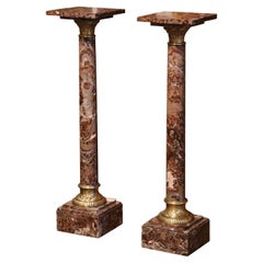 Pair of 19th Century French Variegated Red Marble and Bronze Pedestal Tables 