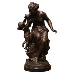 19th Century French Patinated Bronze Woman and Cherub Sculpture Signed M. Moreau