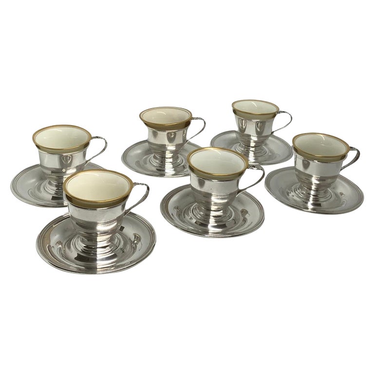 Set of 6 Sterling Silver Espresso Coffee Cups & Saucers, Lenox Liners