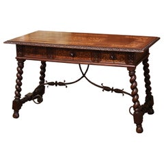 19th Century Spanish Renaissance Carved Marquetry Walnut and Iron Table Desk