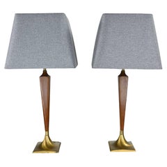 Vintage MCM Walnut & Brass Plate Pair of Lamps New Gray Square Tapered Shades