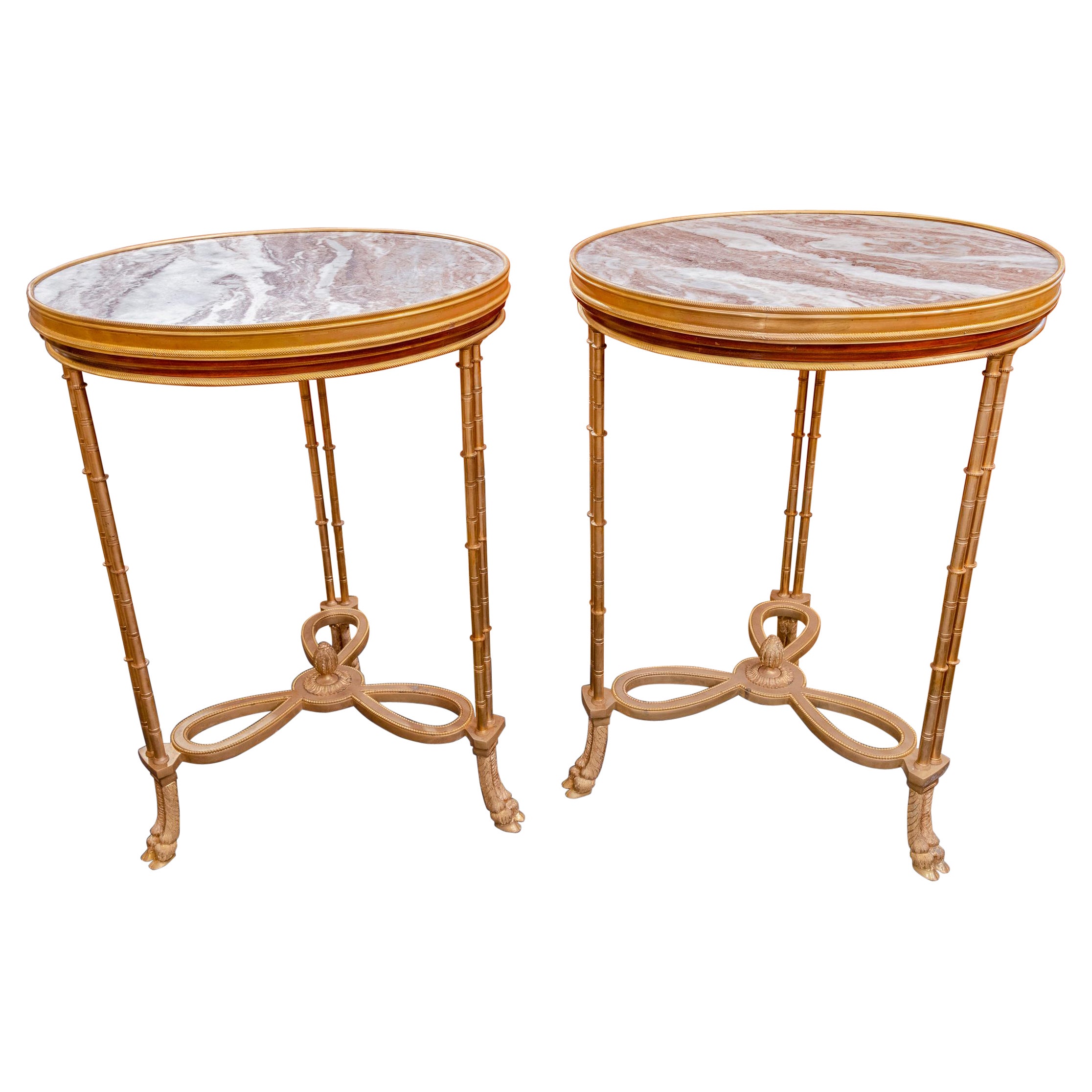Fine Pair of French Empire Mahogany, Gilt Bronze and Marble Gueridon Tables