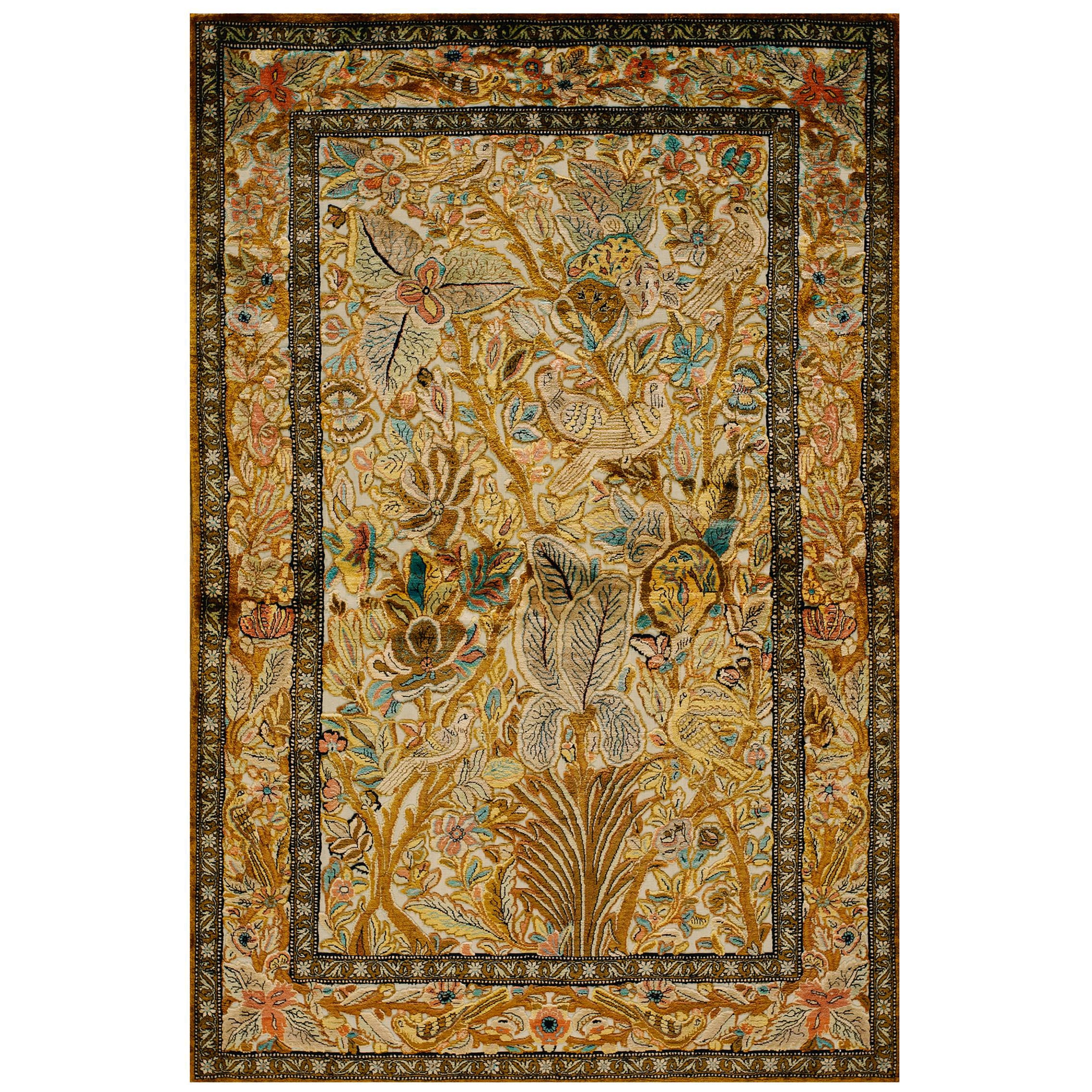 Mid 20th Century Persian Silk Souf Qum Carpet 3'6" x 5'3" - 106 x 160 cm For Sale