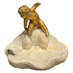 Gilt Bronze Boy On Marble Shell With Crab