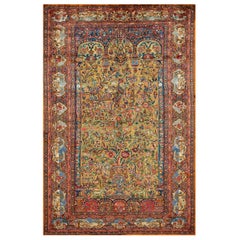 Antique Early 20th Century Silk & Metallic Threads Souf Kashan Carpet (4' 3'' x 6' 3'')