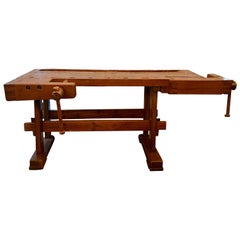 Antique Belgian Solid Oak Carpenter's Woodworking Bench with Vises, Circa 1900's