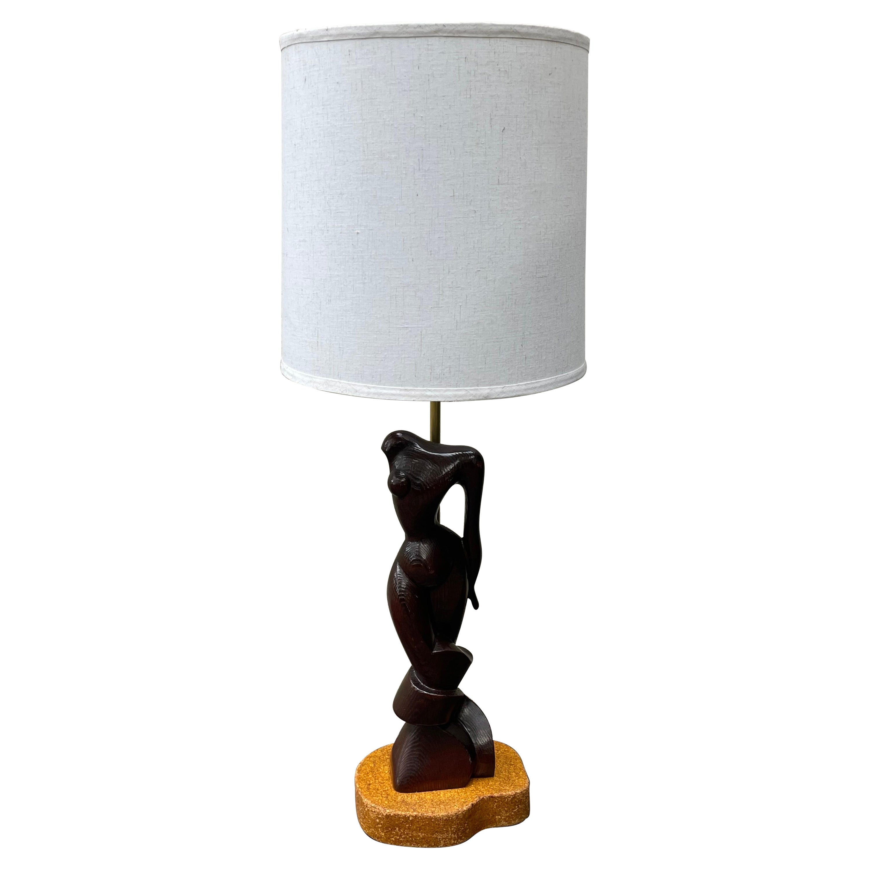 Mid Century Edward Stasack Carved Wood Sculptural Female Table Lamp, Signed