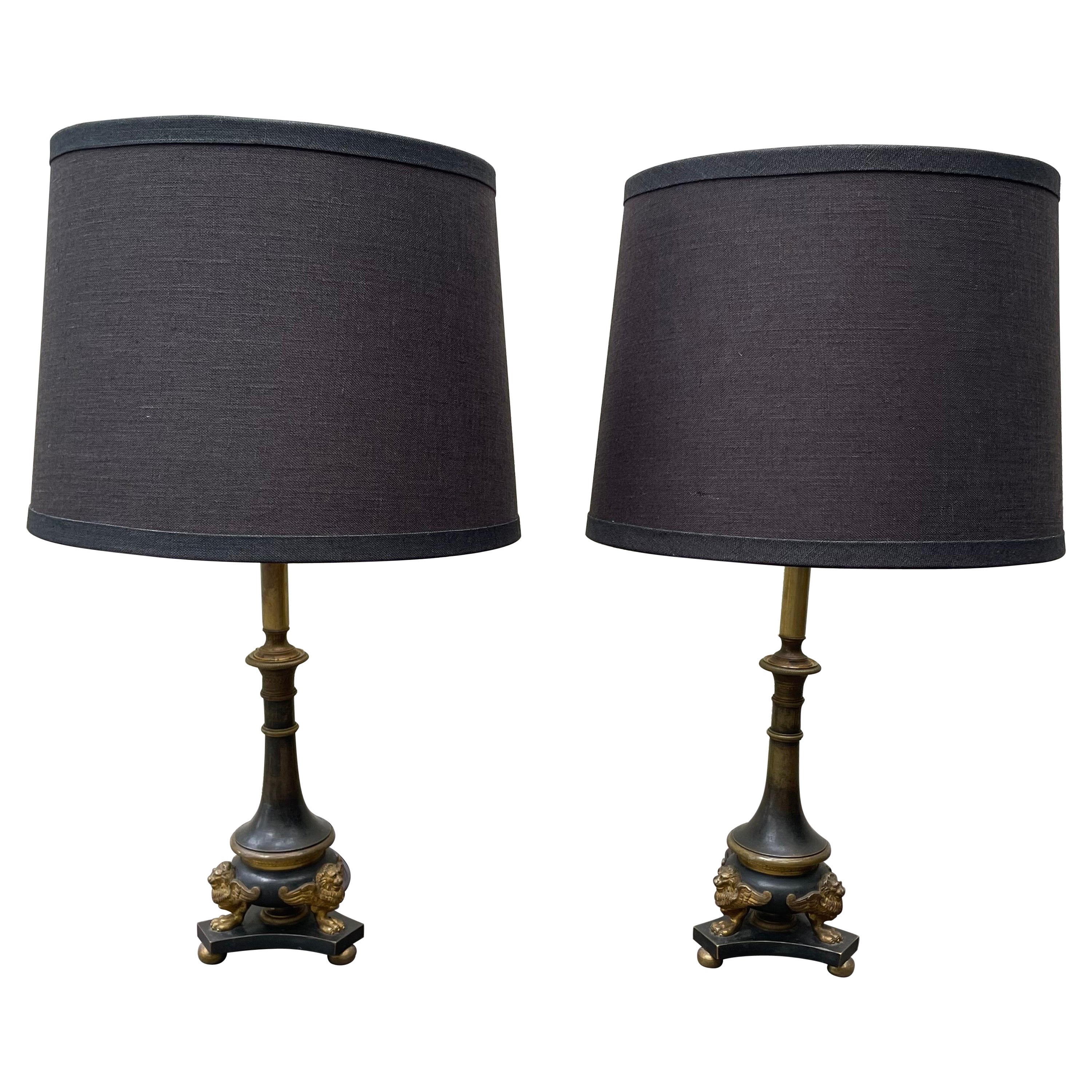 Pair of Small Scale Bronze Table Lamps, Late 19th Century, French For Sale