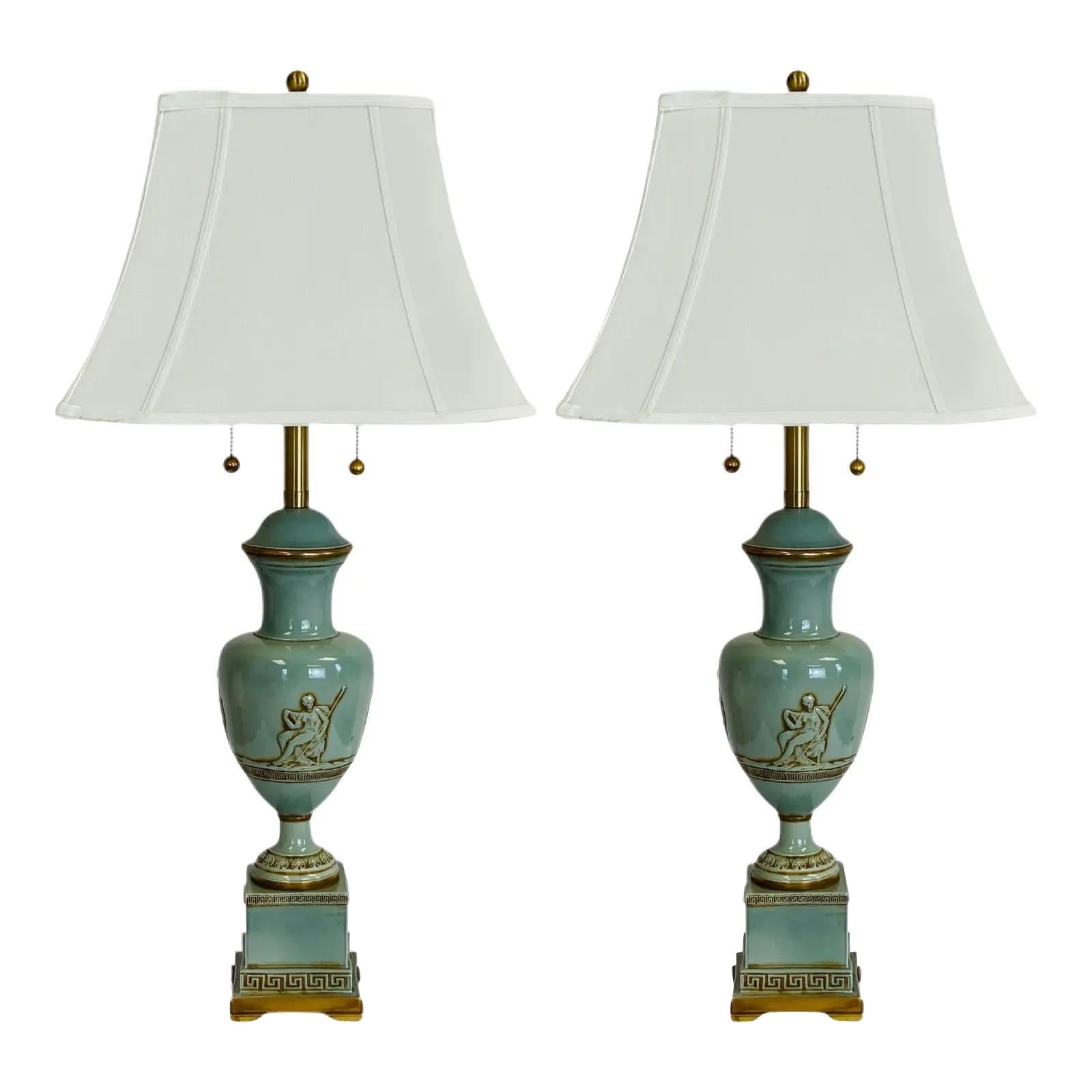 Vintage Neoclassical Marbro Sage Urn Table Lamps, a Pair
