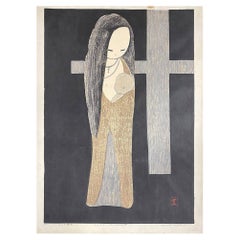 Kaoru Kawano, signiert, seltener japanischer Holzschnitt in limitierter Auflage, Maria Kwannon