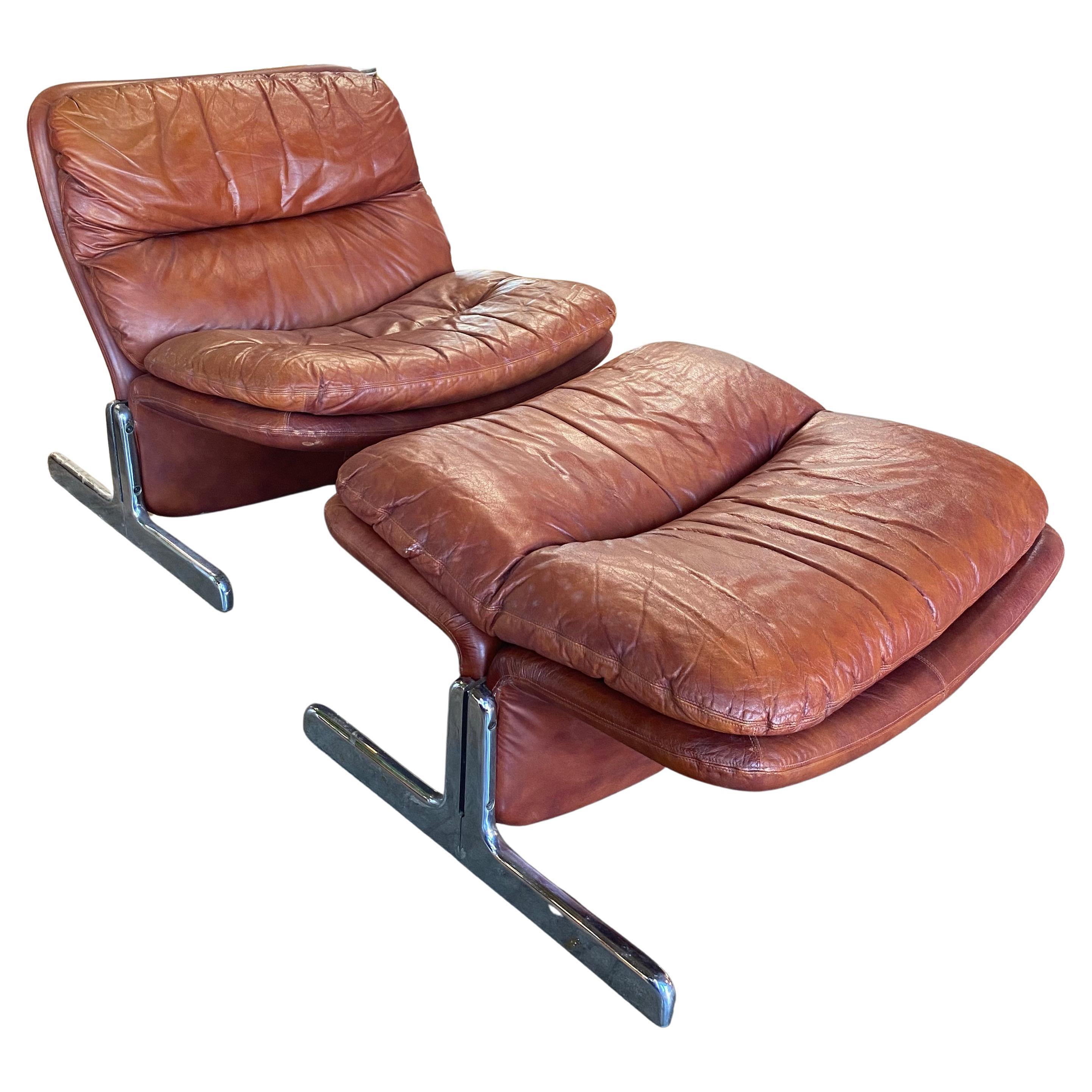 1970s Sleek Leather Lounge Chair & Ottoman Tittina Ammannati & Vitelli, Italy