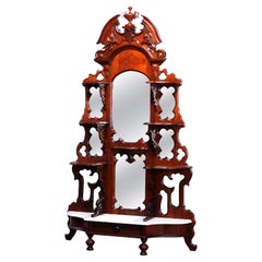 Antique Rococo Revival Carved Walnut & Marble Mirrored Etagere, c1870