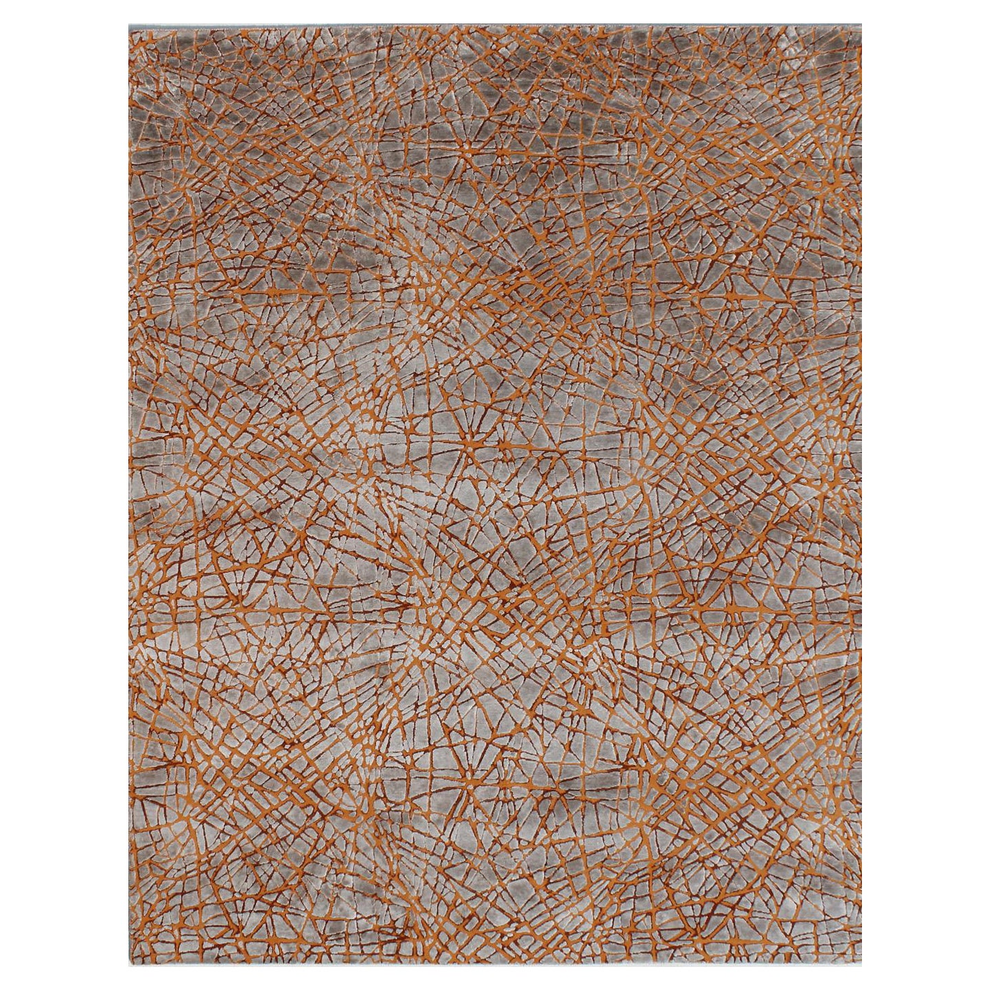 CHAOS Handgeknüpfter zeitgenössischer Teppich aus Wolle und Seide in Rost- und Blautönen von Hand