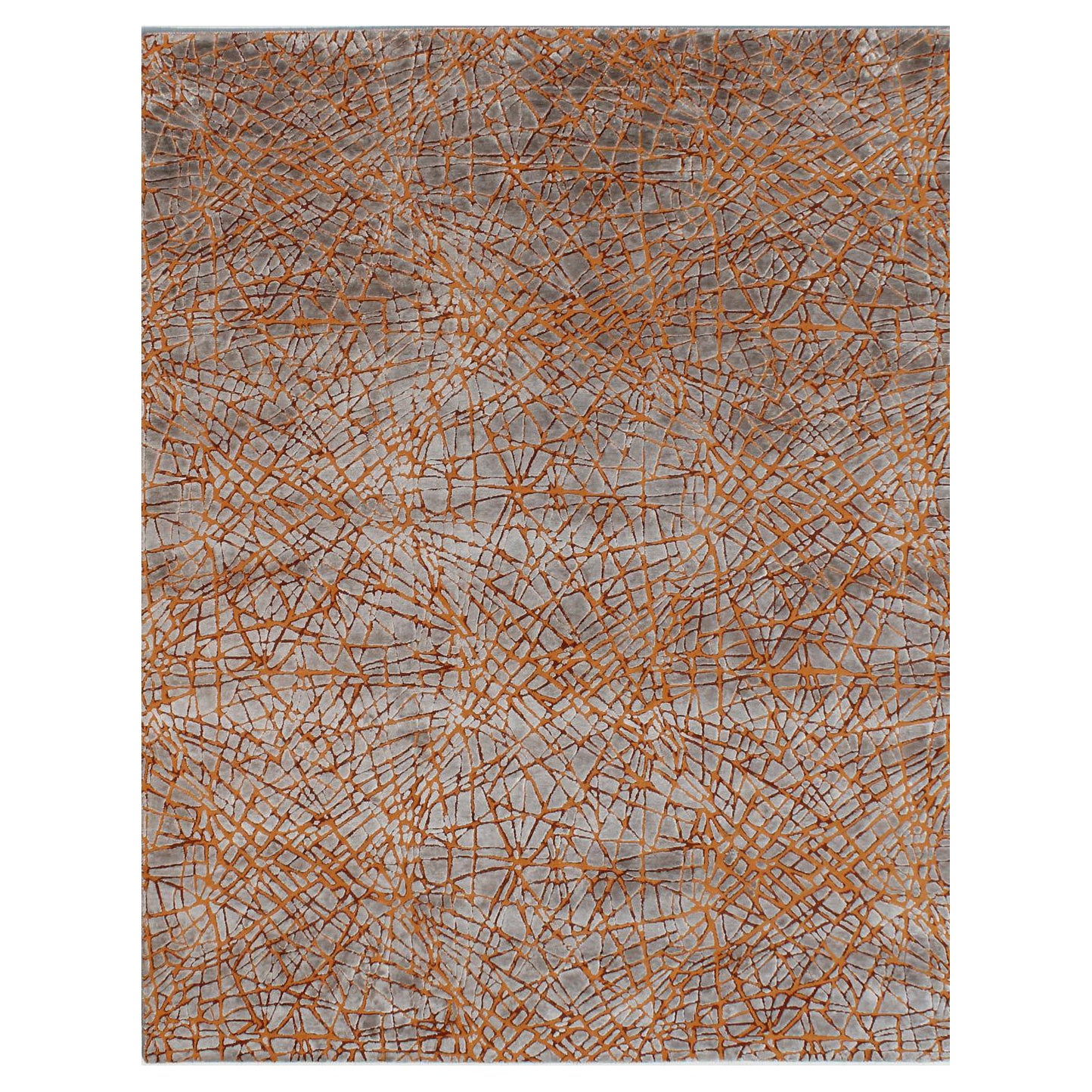 Tapis contemporain CHAOS en laine et soie noué à la main aux couleurs rouille et bleues par Hands en vente