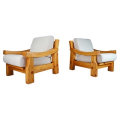 Pair Modern French Lounge Chairs in Solid Pine and Bouclé Wool Cushions 1970s