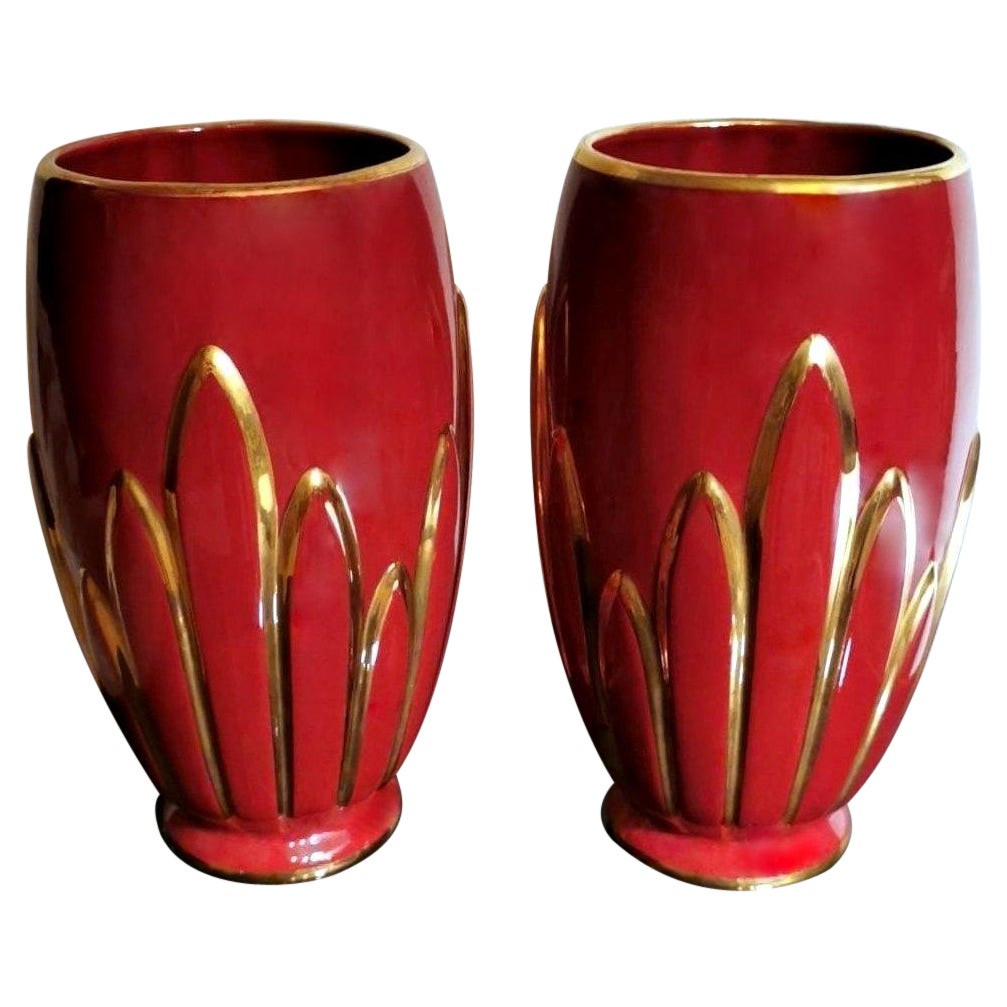 Art Deco Pair of French Glazed Terracotta Vases with Pure Gold Decorations