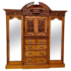 Exceptional Quality Antique Victorian Large Burr Walnut and Oak Carved Wardrobe