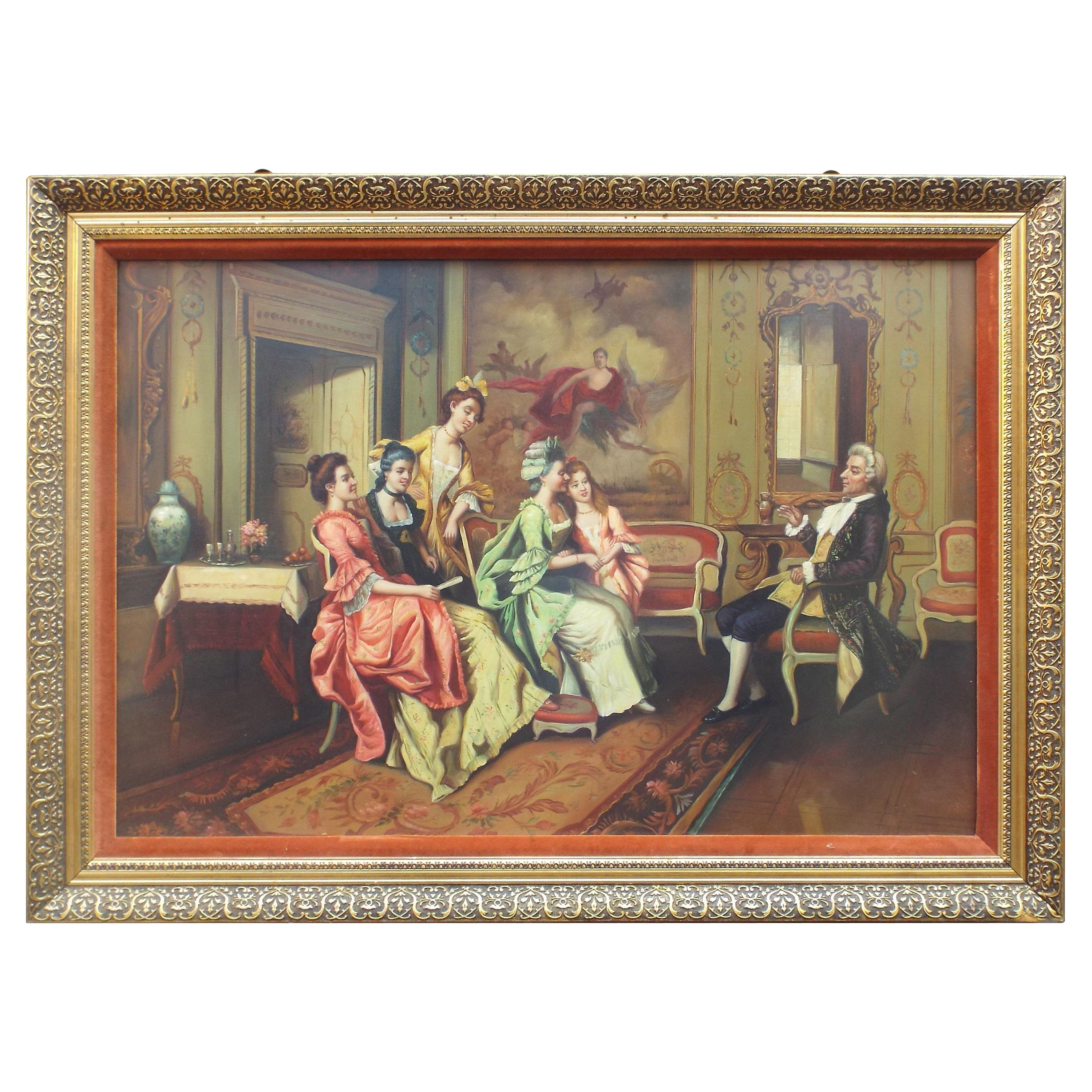 Fine Aristocratic Interior Genre Oil Painting Set in Gilt Frame For Sale