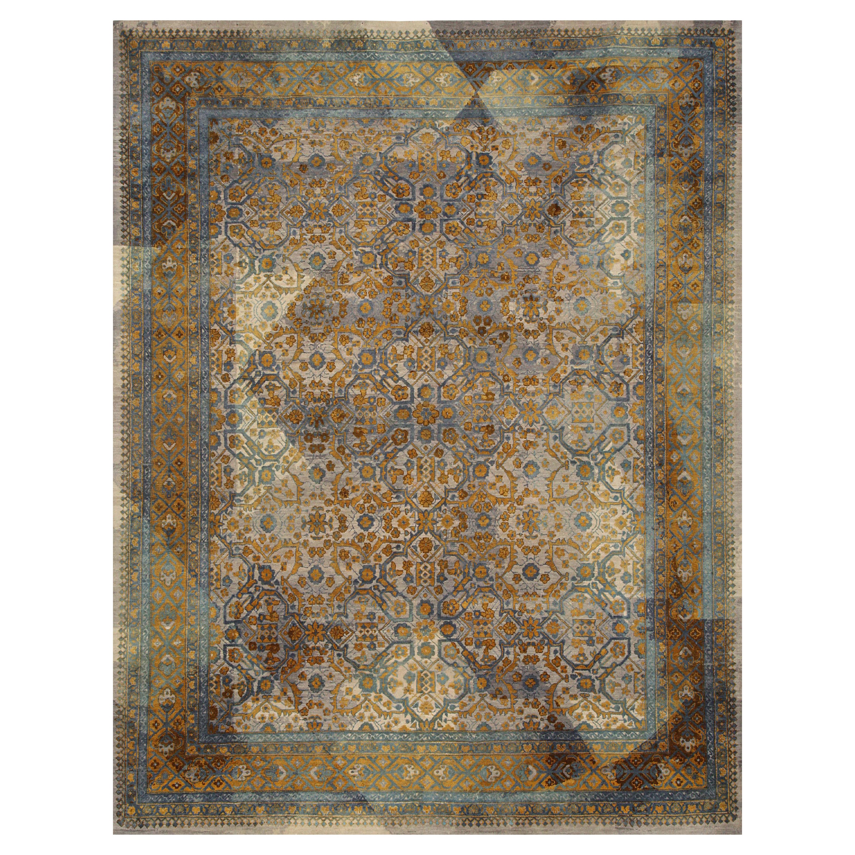UMBRA Hand Knotted Transitional Rug in Slate Grey & Blue Gold Colours by Hands For Sale