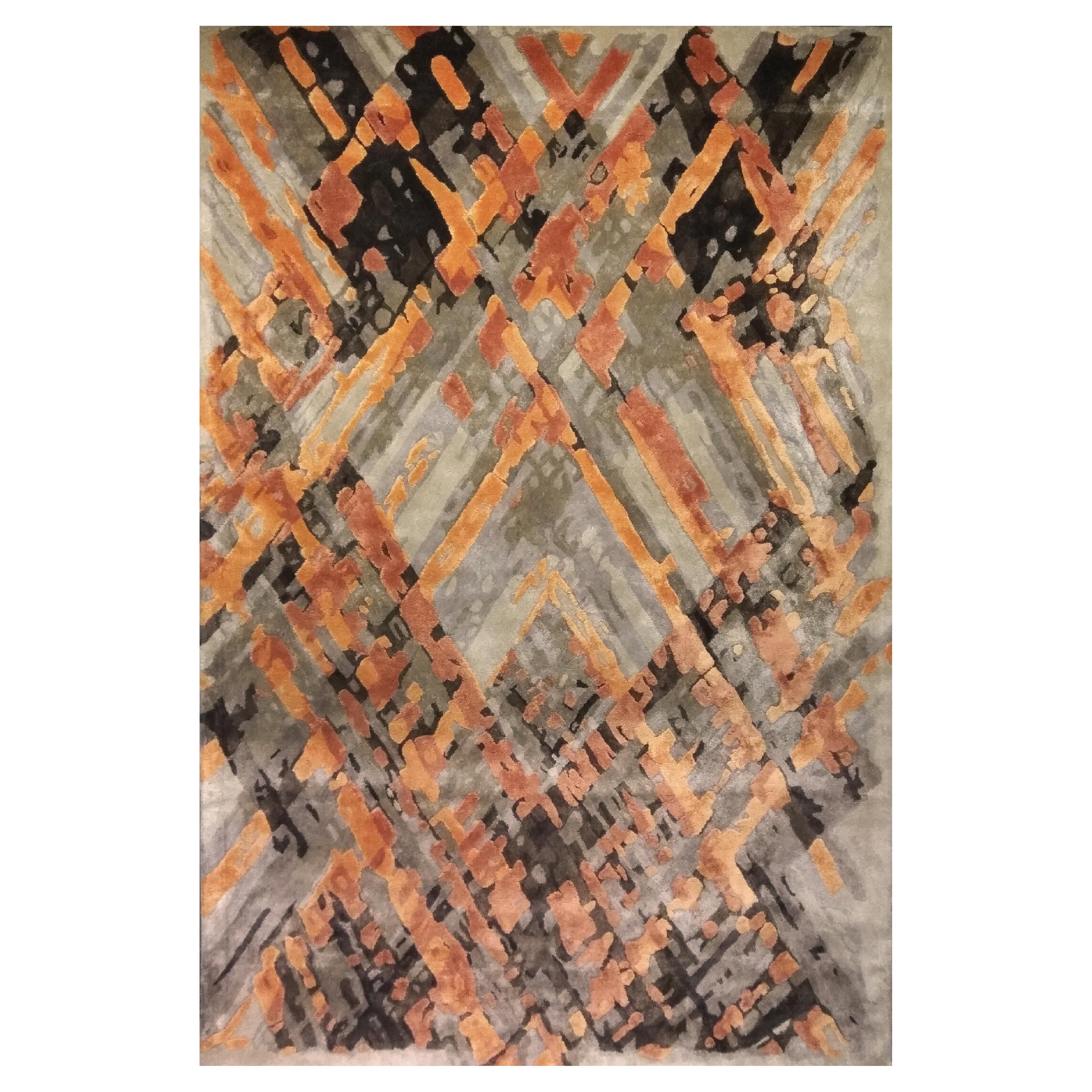 ARGYLE Hand Tufted Contemporary Silk Rug in Blue, Gold & Rust Colours by Hands For Sale