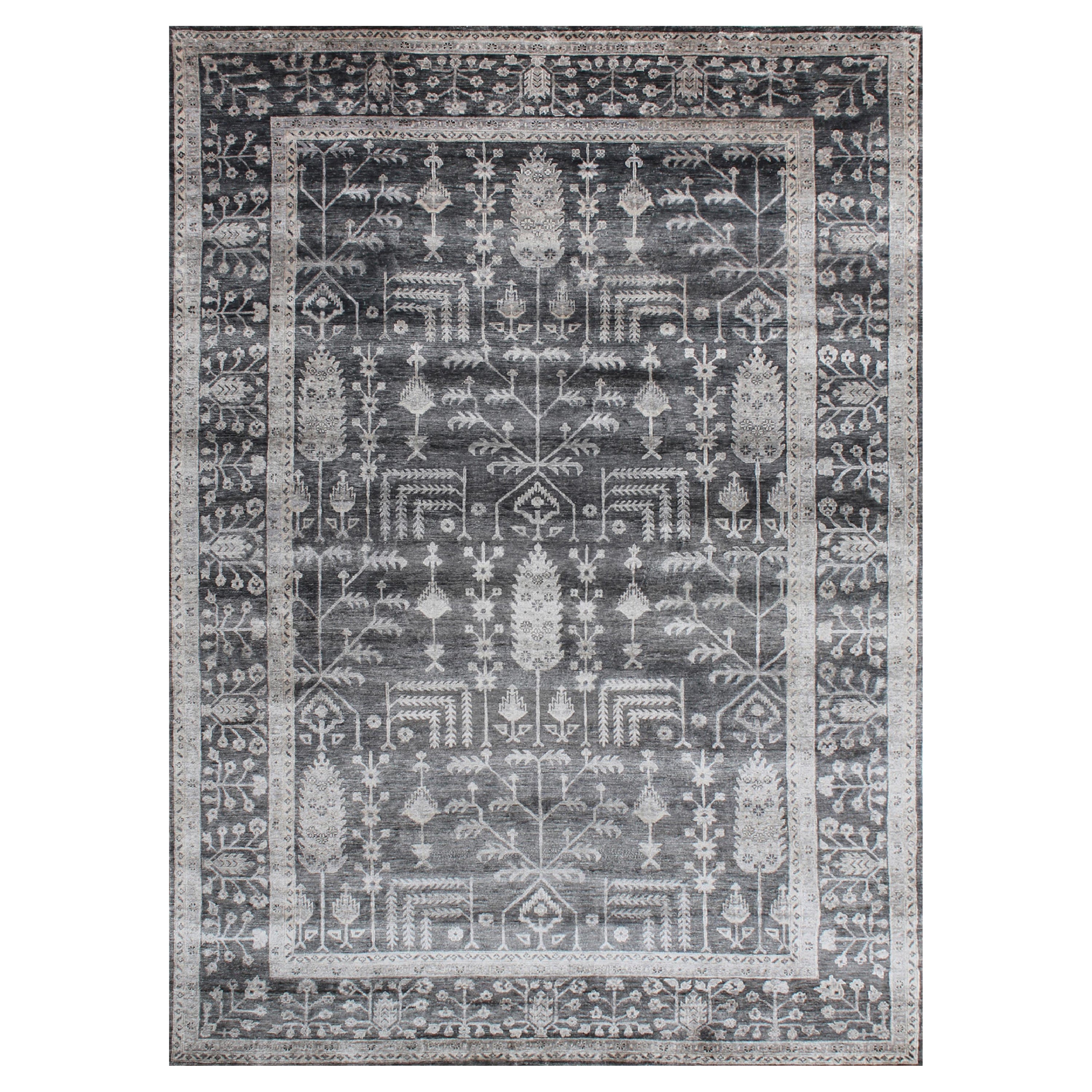 MARGITA Hand Knotted Traditional Silk Rug - Silver, Blue & Grey Colours by Hands For Sale