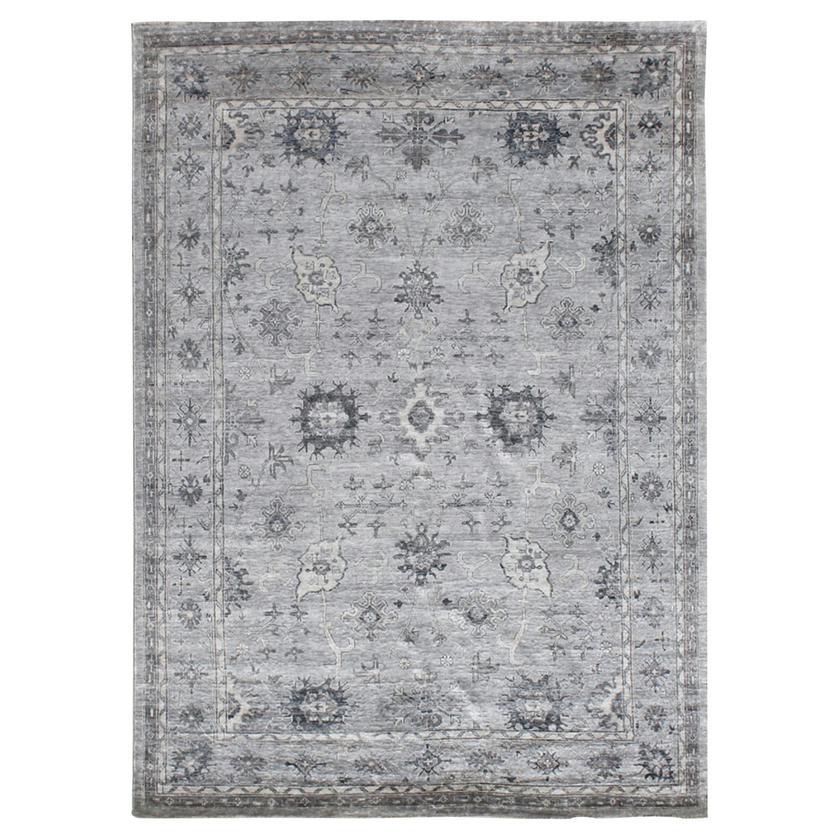 SAFFIR Hand Knotted Traditional Silk Rug in Gold & Silver Colours by Hands For Sale